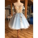 A-Line Off-the-Shoulder Above-Knee Light Blue Homecoming Prom Dress with Appliques