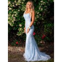 Mermaid Spaghetti Straps Long Light Blue Prom Dress with Appliques