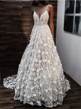 A-Line Spaghetti Straps Backless Sweep Train White Wedding Dress with Lace Appliques