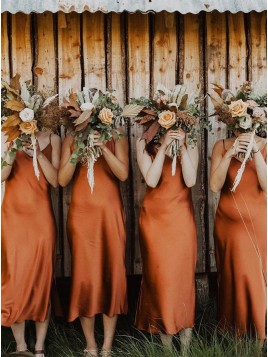 Simple Spaghetti Straps Rust Color Boho Bridesmaid Dress