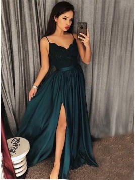 A-Line Spaghetti Straps Dark Green Prom Dress with Appliques Split