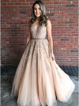 A-Line V-Neck Long Champagne Prom Dress with Appliques Beading