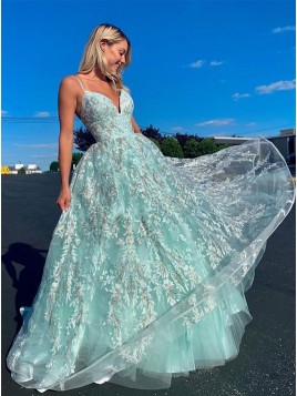 A-Line Spaghetti Straps Lace Up Floor-Length Light Blue Lace Prom Dress