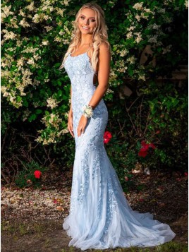 Mermaid Spaghetti Straps Long Light Blue Prom Dress with Appliques