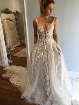 A-Line Deep V-Neck Court Train Ivory Tulle Wedding Dress with Lace Appliques