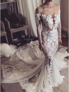 Mermaid Illusion Round Neck Long Sleeves Wedding Dress with Appliques