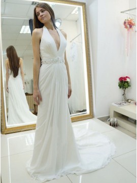 A-Line Halter Sweep Train Backless Chiffon Wedding Dress with Beading