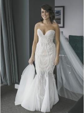 Mermaid Sweetheart Court Train Wedding Dress with Beading Pearls