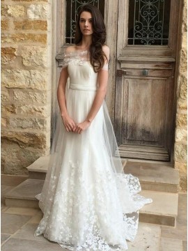 A-Line Off-the-Shoulder Sweep Train Tulle Wedding Dress with Appliques