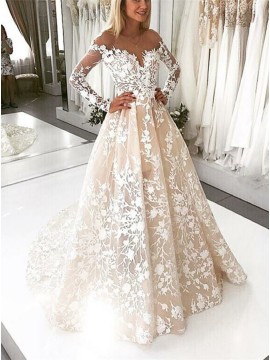 A-Line Illusion Bateau Long Sleeves Backless Ivory Lace Wedding Dress