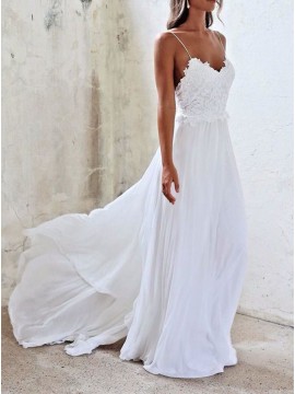 A-line Spaghetti Straps White Long Chiffon Beach Wedding Dress