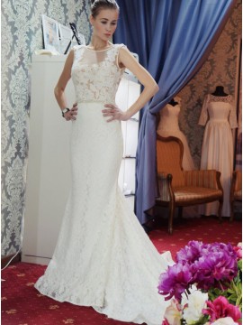 Sheath Bateau Court Train Backless Lace Wedding Dress with Beading