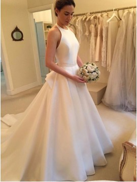 A-Line Halter Backless Court Train White Satin Wedding Dress with Bowknot