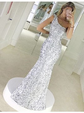 Mermaid One-Shoulder Floor-Length Silver Sequined Prom Dress