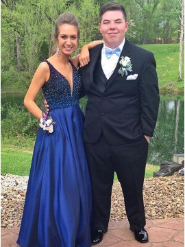 A-Line V-Neck Floor-Length Navy Blue Prom Dress with Beading Pockets