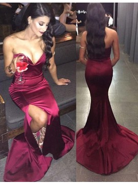 Mermaid Sweetheart Sweep Train Burgundy Prom Dress with Legslit