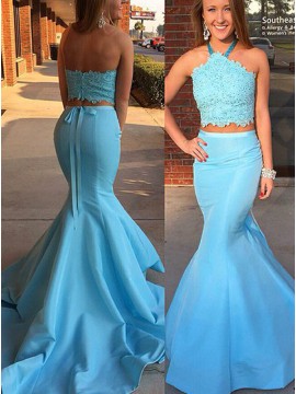 Two Piece Mermaid Halter Light Blue Beaded Prom Dress with Sash Lace