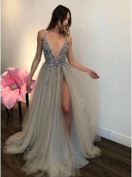 A-Line Deep V-Neck Backless Slit Legs Beaded Silver Prom Dress