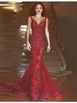 Mermaid V-Neck Backless Burgundy Prom Dress with Beading Appliques