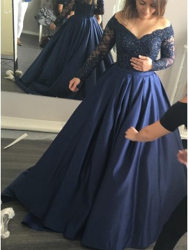 Ball Gown Off-the-Shoulder Long Sleeves Beaded Navy Blue Prom Dress