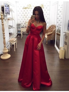 A-Line Off the Shoulder Sleeveless Floor-Length Red Prom Dress with Pleats