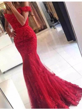 Mermaid Off the Shoulder Short Sleeveless Lace Red Prom Dress with Beading