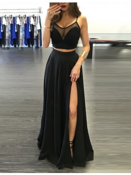 Spaghetti Straps Slit Leg Black Prom Dress with Pleats Two Piece Party Dress