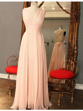 A-Line Deep V-Neck Criss-Cross Straps Long Pink Prom Dress with Pleats Bowknot