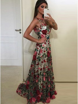 A-Line Bateau Backless Sweep Train Floral Lace Prom Dress with Sash