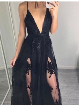 A-line Deep V-neck Slit Leg Sexy Black Prom Dress with Appliques Lace
