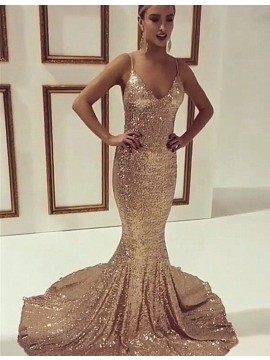 Gold Spaghetti Straps Sequined Backless Mermaid Prom Dress