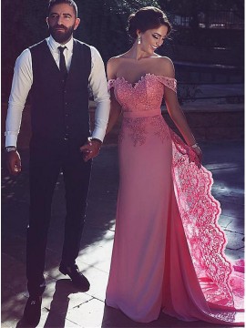 Sheath Off the Shoulder Detachable Train Pink Prom Dress with Lace