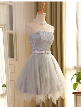 A-line Scoop Short Gray Tulle Sleeveless Prom Dress with Lace