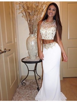 Pretty Two Piece Jewel Long White Mermaid Prom Dress with Beading