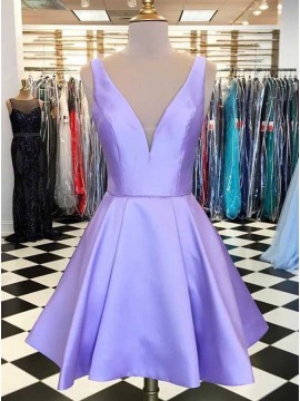 A-Line V-Neck Lilac Satin Simple Short Homecoming Dress
