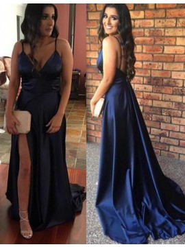 Backless Royal Blue V Neck Sweep Train Prom Dress with Split