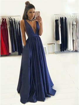 A-Line Deep V-Neck Long Dark Blue Prom Dress with Pockets