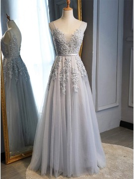 A-Line V-Neck Backless Light Grey Long Prom Dress with Appliques