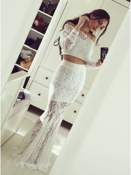 Two Piece Off-the-Shoulder Long Sleeves White Lace Prom Dress