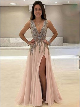 A-Line Deep V-Neck Pink Slit Legs Beaded Gorgeous Prom Dress