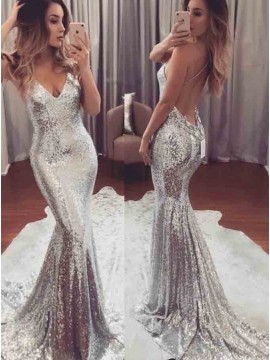 Mermaid Spaghetti Straps Sweep Train Backless Silver Sequined Prom Dress