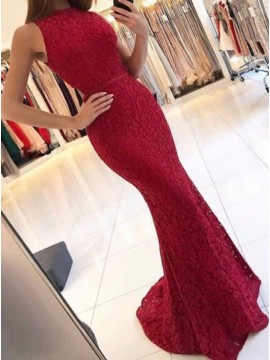 Mermaid Round Neck Sweep Train Red Lace Prom Dress Cut-Out