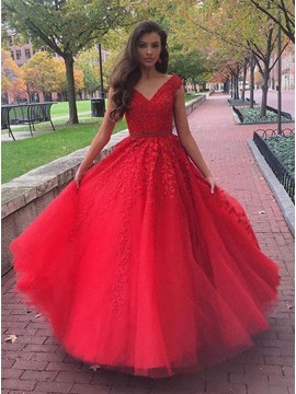 A-Line V-Neck Sweep Train Red Prom Dress with Appliques Beading