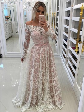 A-Line Off-the-Shoulder Long Sleeves Blush Prom Dress with Lace Appliques Sashes 