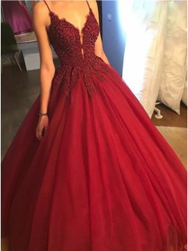 Ball Gown Spaghetti Straps Long Burgundy Prom Dress with Appliques Beading