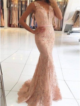 Mermaid Deep V-Neck Pink Lace Prom Dress with Beading Appliques