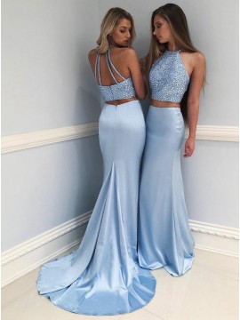 Two-Piece Mermaid Round Neck Blue Prom Dress with Beading