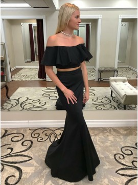 Two Piece Mermaid Off-the-Shoulder Black Prom Dress with Ruffles