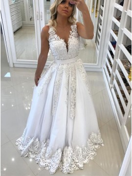 A-Line Deep V-Neck Backless White Tulle Prom Dress with Appliques Pearls 