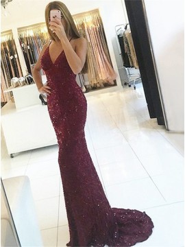 Mermaid Spaghetti Straps Backless Burgundy Lace Prom Dress with Sequins